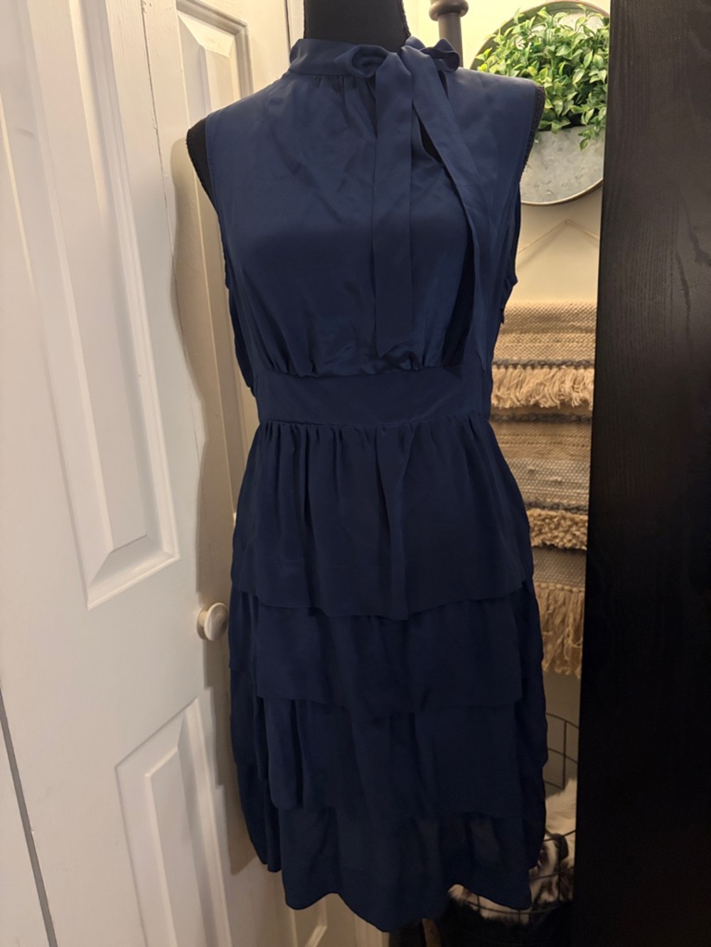 Sleeveless Navy Tie-Neck Tiered Silk Midi Dress